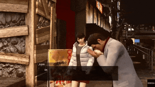 a man in a video game talks to a woman in front of a sign that says " oh "