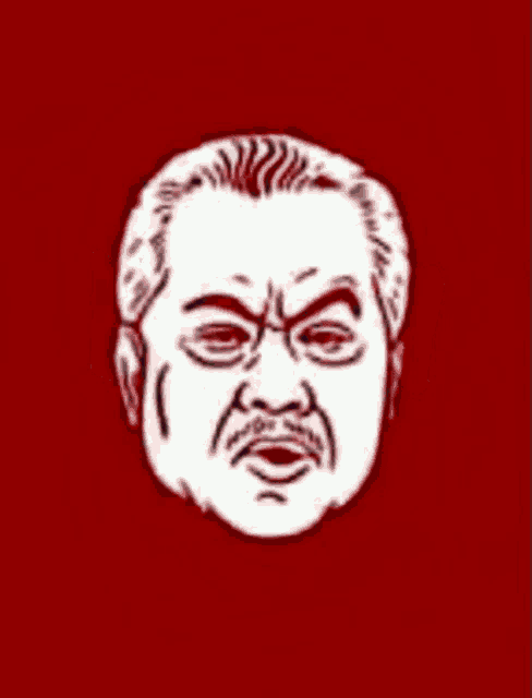 a drawing of a man with a torn piece of paper over his eyes that says #muhyiddinout