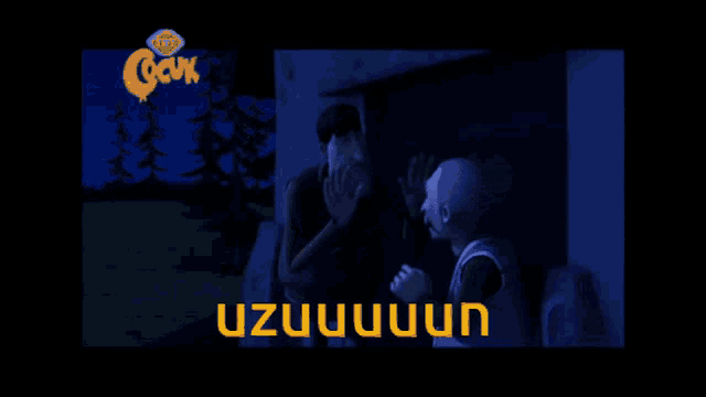 two cartoon characters are standing next to each other in front of a sign that says ' cocuk '