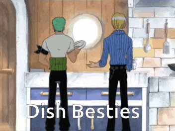 two men are standing next to each other in a kitchen and the words dish besties are visible