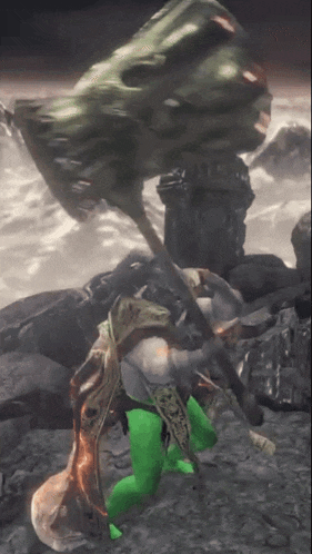 a video game character with green pants is holding a sword