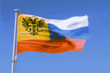 a red white and blue flag with a black eagle on top