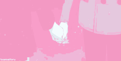 a man and a woman are holding hands in the snow on a pink background .