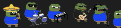 a group of frogs in blue shirts are playing instruments