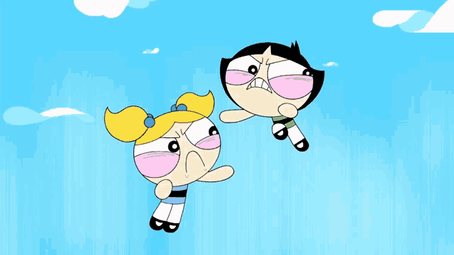 bubbles and buttercup from the powerpuff girls flying in the sky