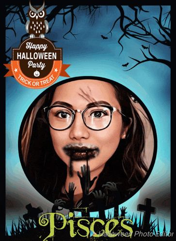 a poster for a happy halloween party with a picture of a girl