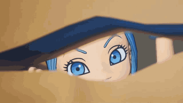 a cartoon character with blue eyes is peeking out from behind a piece of cardboard
