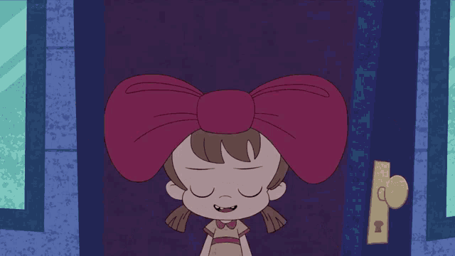 a girl with a big red bow on her head
