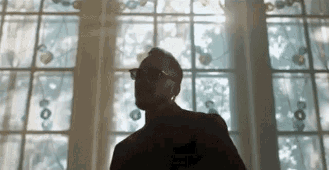 a man wearing sunglasses is standing in front of a window .