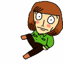 a cartoon character with a green shirt and brown pants is sitting down