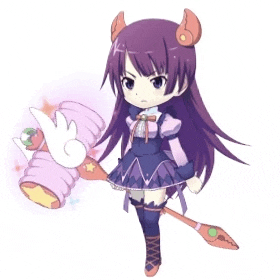 a girl with purple hair is holding a hammer and a wand