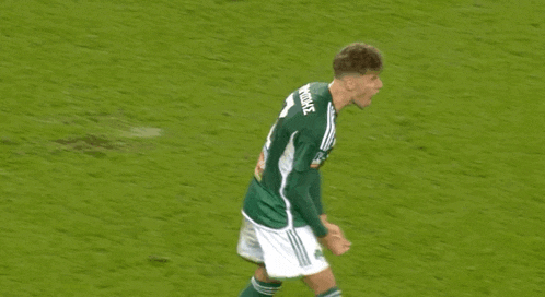 a soccer player wearing a green jersey that says " rare " on it