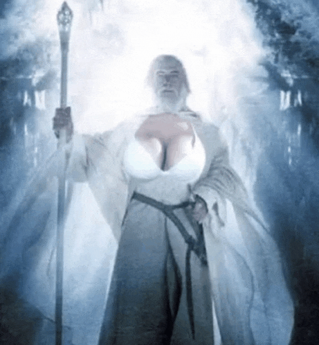 a man with a beard and a large breast is holding a cane and a sword .