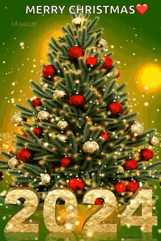 a merry christmas card with a christmas tree and numbers 2024