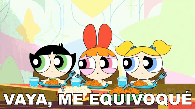 the powerpuff girls are sitting at a table eating food