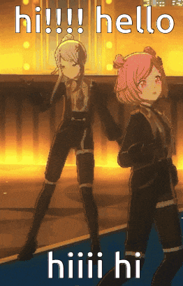 a couple of anime girls standing next to each other with the words hi !!! hello hi !!! hi