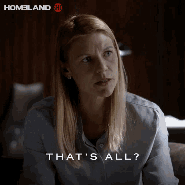 a woman says that 's all in front of a homeland logo