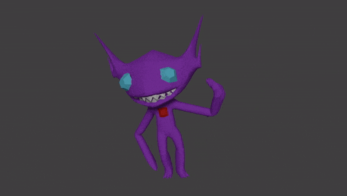 a 3d model of a purple monster with blue eyes and sharp teeth