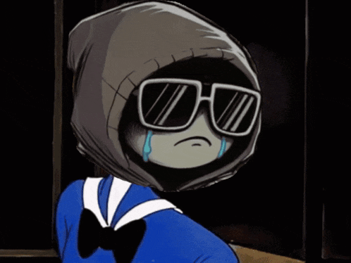 a cartoon character wearing sunglasses and a hood holds up his hand