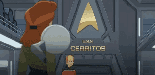 a man and woman are standing in front of a sign that says uss cerritos