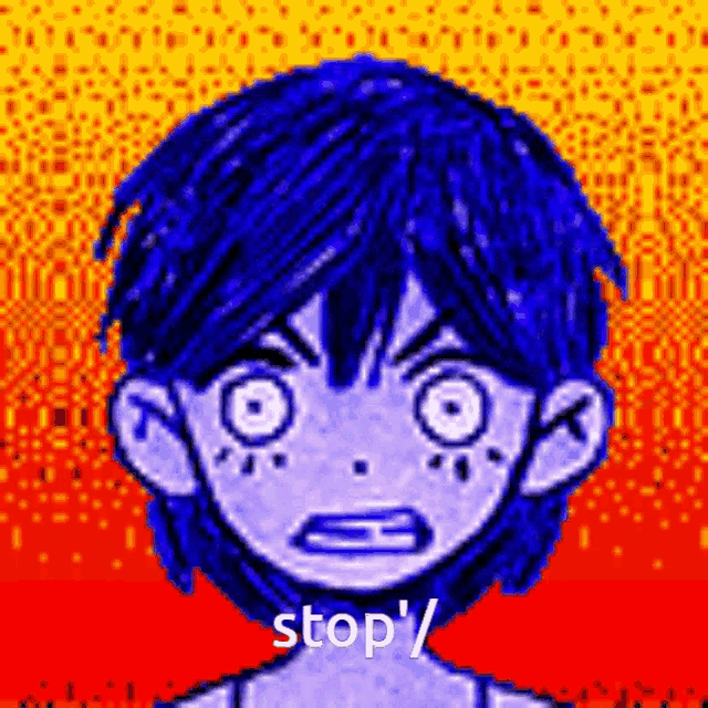 a pixel art drawing of a boy with blue hair and the words `` stop '' .