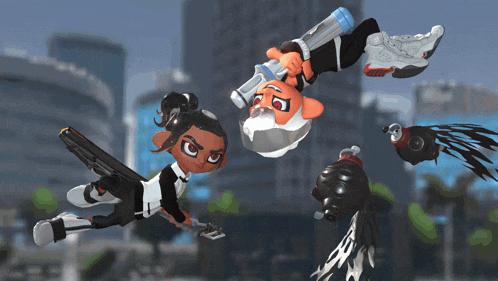 a cartoon character is flying through the air while holding a water gun
