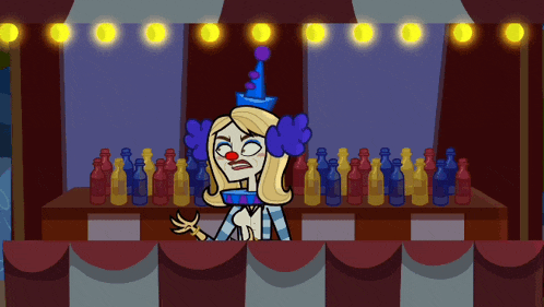 a cartoon drawing of a clown standing in front of a table full of bottles