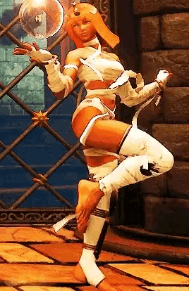 a woman in a mummy costume is dancing on a tile floor