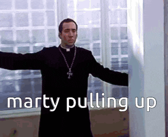 a priest with his arms outstretched and the words marty pulling up