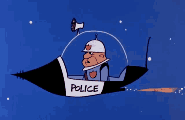 a cartoon police officer is flying through the air