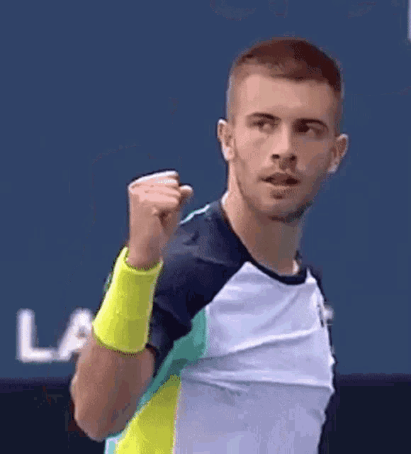 a man is holding his fist up in the air in a tennis match .