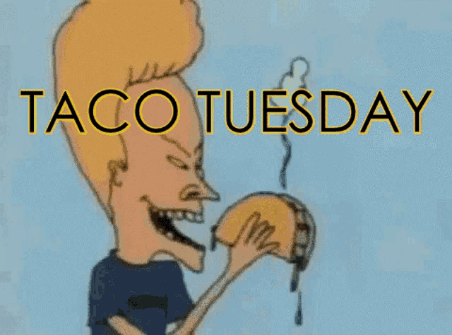 a cartoon of a man eating a taco with the words taco tuesday below him