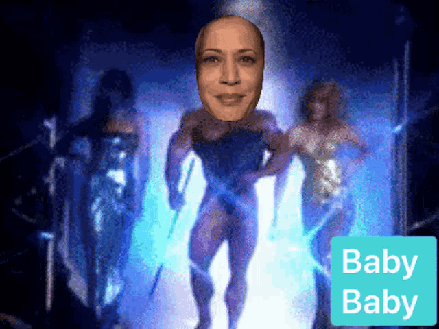 a pixelated image of a woman dancing with a baby baby sign in the corner