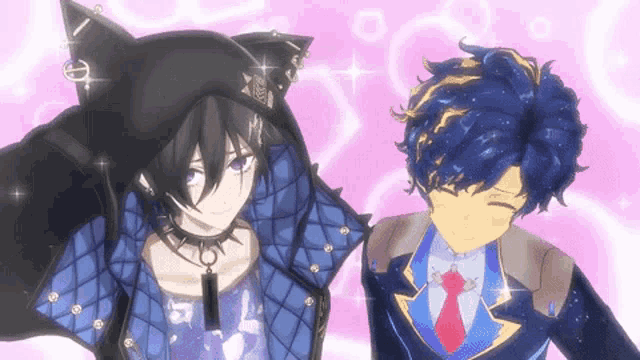 two anime characters are standing next to each other on a pink background .