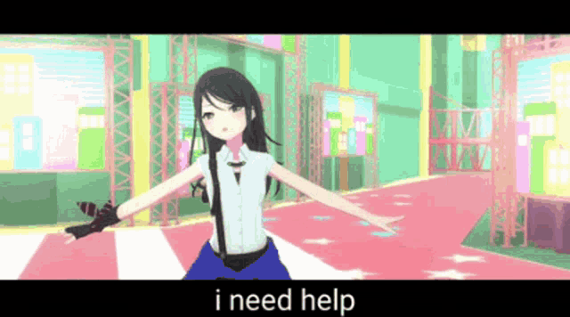 a girl in a white shirt and blue shorts is standing on a red carpet and says " i need help "
