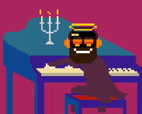 a pixel art of a man playing a piano with a robot behind him