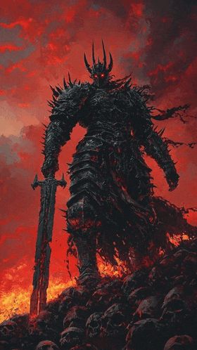 a painting of a demon holding a sword in the middle of a pile of skulls