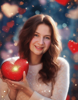 a woman in a white sweater is holding a red heart