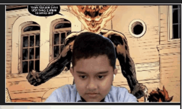a young boy is looking at a comic book page with a ghost rider behind him