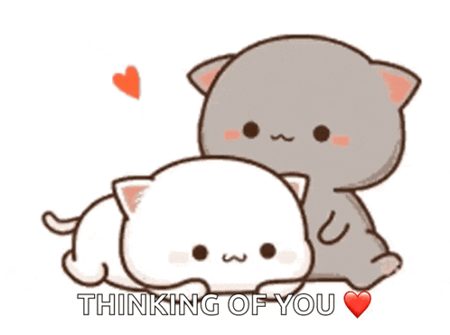 a cartoon of two cats hugging each other with the words " thinking of you " below them