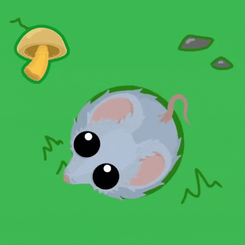 a cartoon mouse is looking at a mushroom on a green background .