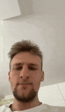 a man with a beard is looking at the camera .
