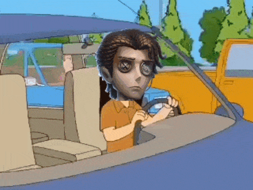 a cartoon of a man driving a car with a yellow truck behind him .