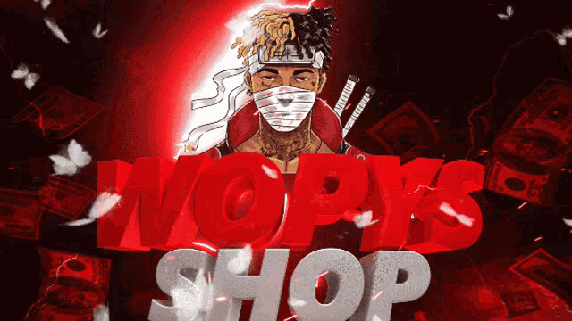 a poster for wopk 's shop with a man with a bandana on his face