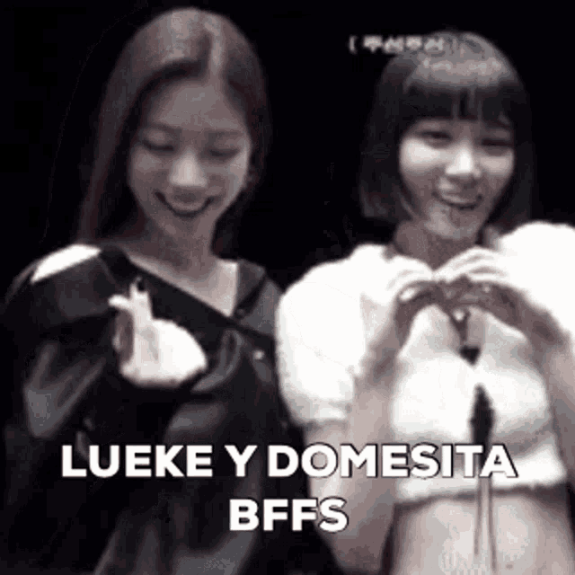 two women are making a heart with their hands and the words luke y domestica bffs are above them .