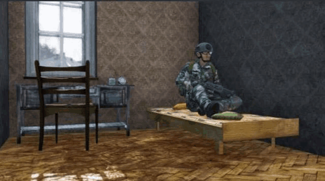 a soldier is sitting on a bed in a room .