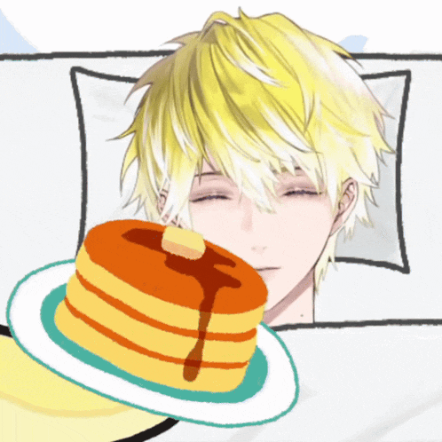 a drawing of a boy laying in bed next to a plate of pancakes