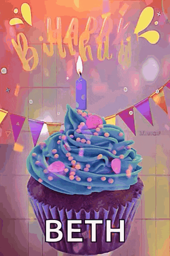 a birthday cupcake with blue frosting and a candle with the name beth on it .