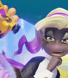 a cartoon character wearing glasses and a hat is standing next to another character .