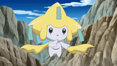 a cartoon character with a yellow hat and a blue triangle on its head